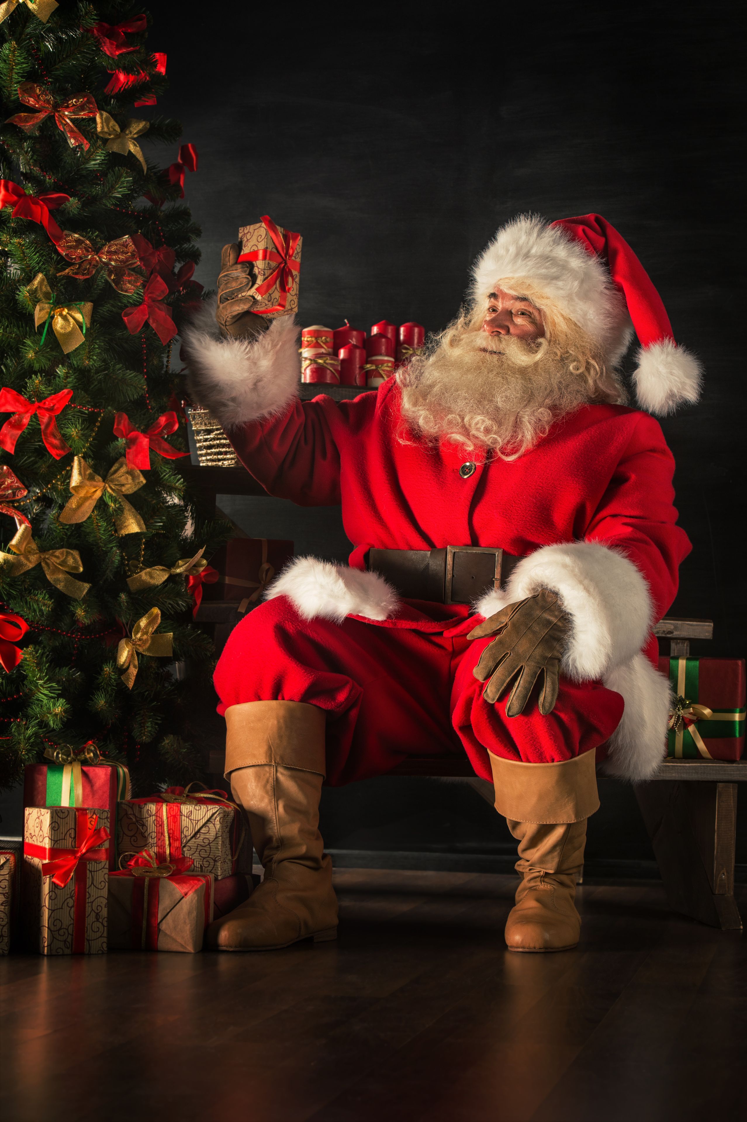 santa by the christmas tree