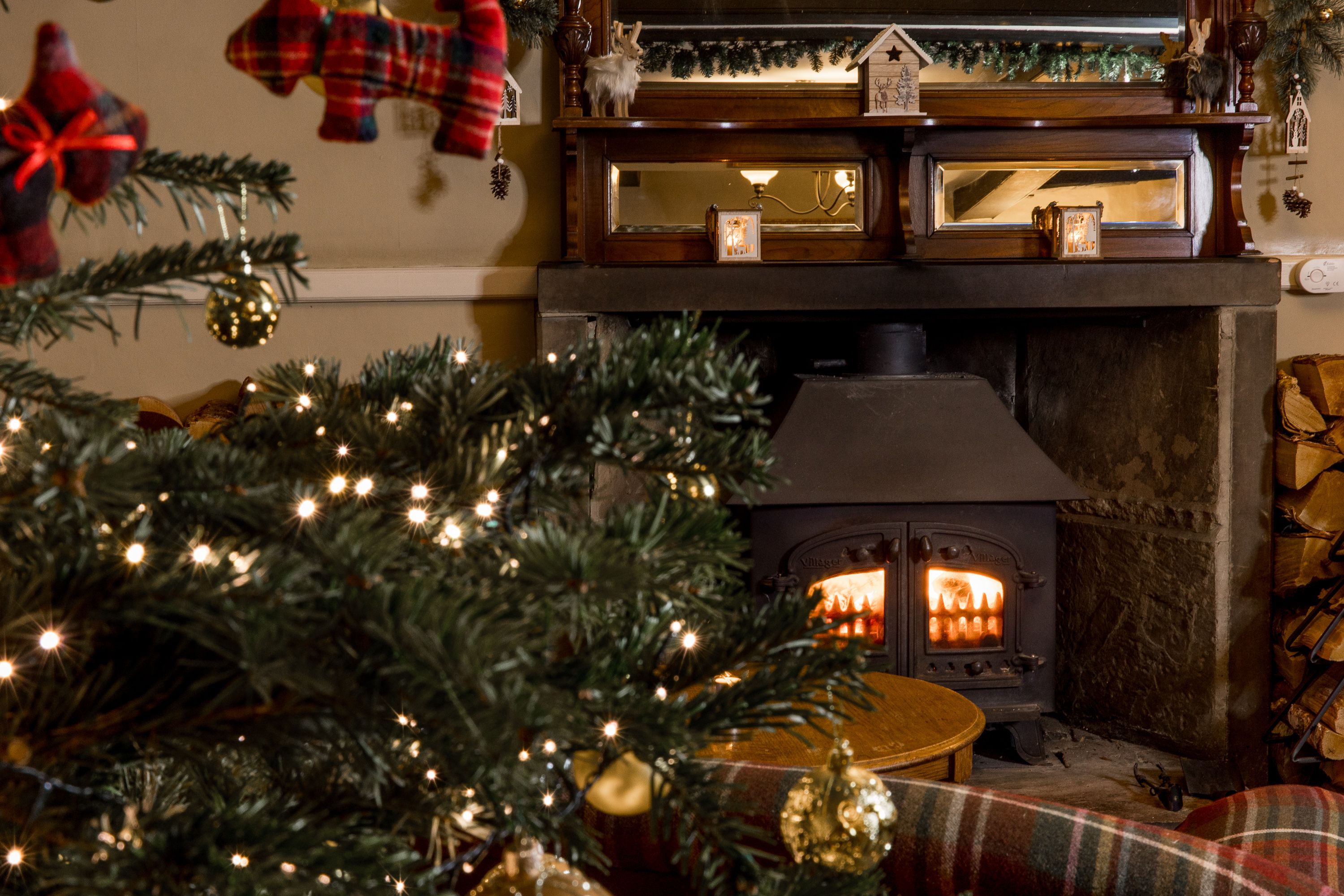 Christmas tree by the fire place